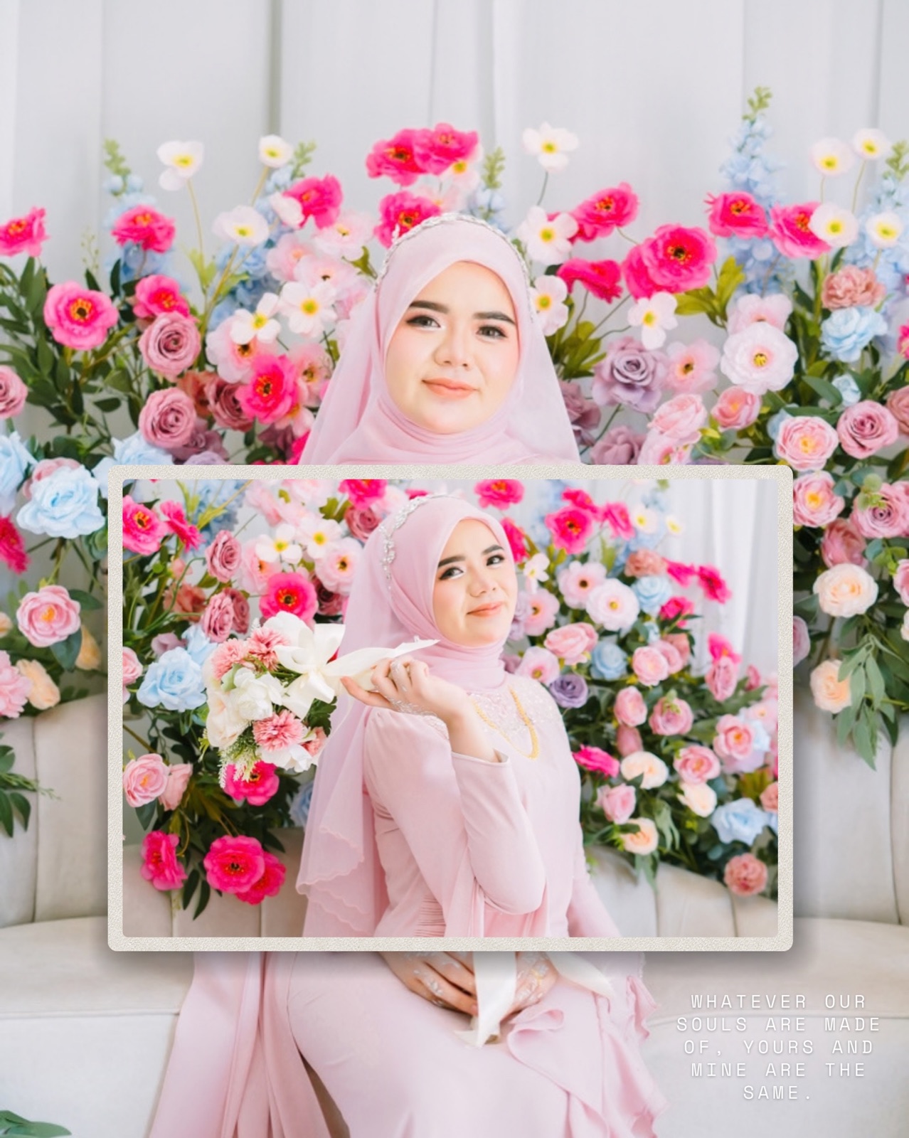 Engagement portrait of Syahirah among pink flowers