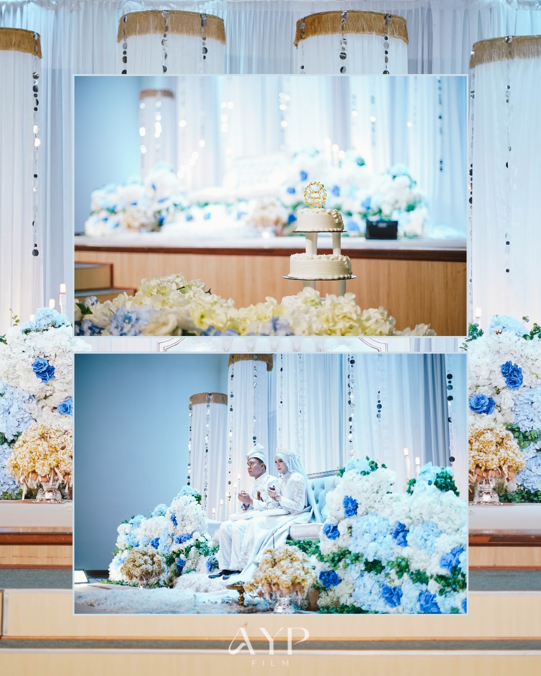Blue floral wedding dais and cake for Azrul and Atiqah
